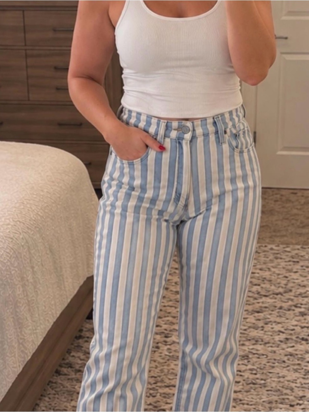 Kensie Vertical-Striped High-Rise Jeans — Blue & White